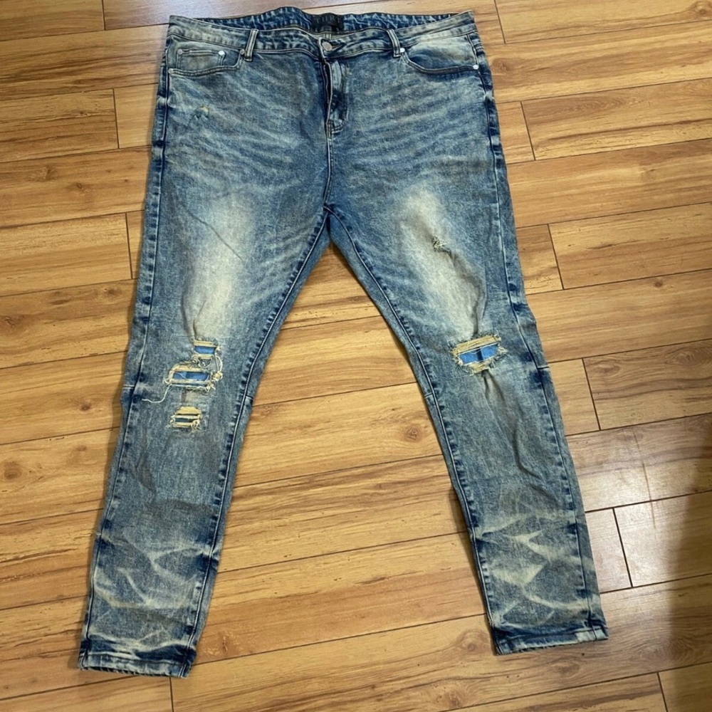 TNRT Blue Skinny Jeans with Distressed Tapered Legs MEN